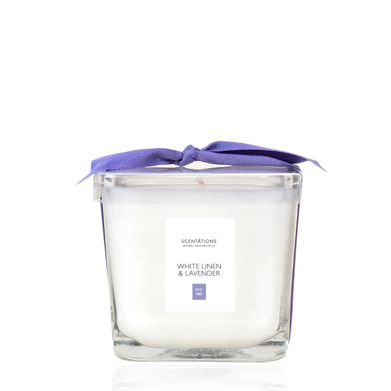 White Linen & Lavender Square Glass Candle Eleven Point