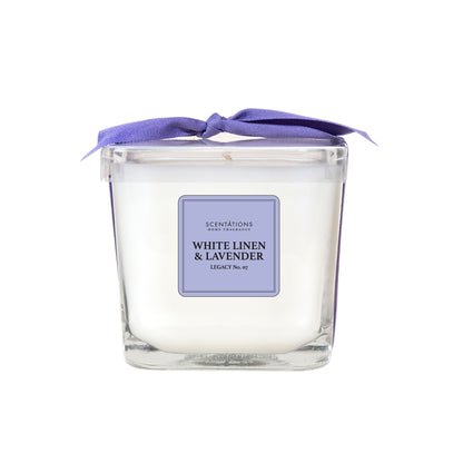 White Linen & Lavender Square Glass Candle Eleven Point