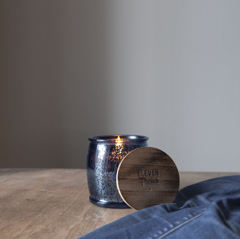 On The Rocks Mercury Barrel Candle in Navy Candle Eleven Point   